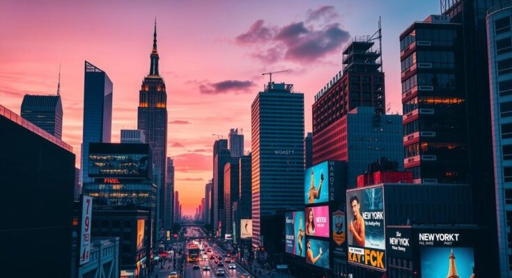 A bustling city scene showcasing iconic New York architecture at dusk, reflecting vibrant urban life.