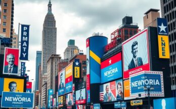 A bustling New York City street scene with campaign posters for Zohran Mamdani, showcasing urban energy and a vibrant atmosphere.