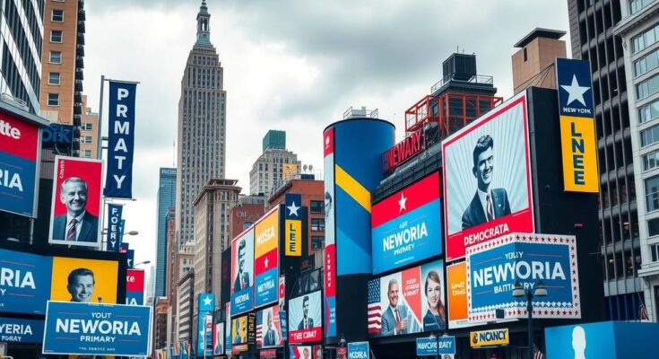 A bustling New York City street scene with campaign posters for Zohran Mamdani, showcasing urban energy and a vibrant atmosphere.