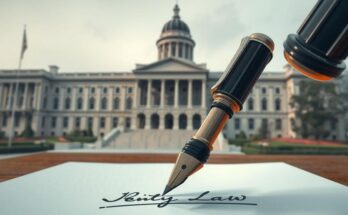 Ilustrasi tanda tangan hukum oleh presiden dengan latar belakang gedung pemerintahan dan pemandangan kota.