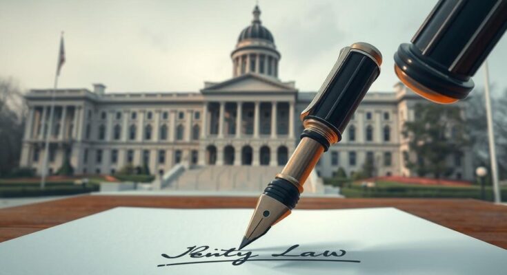 Ilustrasi tanda tangan hukum oleh presiden dengan latar belakang gedung pemerintahan dan pemandangan kota.