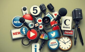 A medley of news media icons symbolising military affairs, featuring diverse communications devices in muted greens and browns.