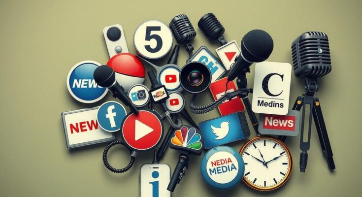 A medley of news media icons symbolising military affairs, featuring diverse communications devices in muted greens and browns.