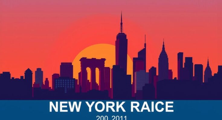 Analyse des élections municipales de New York et leur impact sur les démocrates, couleurs vives et styles graphiques modernes.