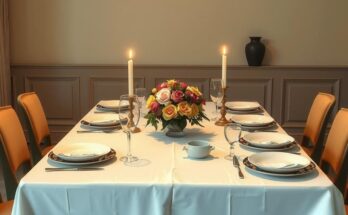 Dinner table conversation setup encouraging respectful dialogue in a politically divided family, warm color scheme.