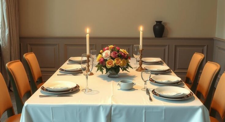 Dinner table conversation setup encouraging respectful dialogue in a politically divided family, warm color scheme.