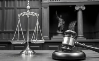A symbolic representation of justice, featuring scales and gavel against a backdrop of a courtroom.