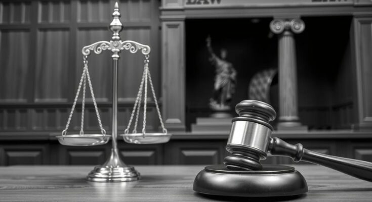 A symbolic representation of justice, featuring scales and gavel against a backdrop of a courtroom.