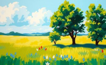 Una scena serena di un campo verde con alberi e cielo blu per rappresentare la calma e la riflessione