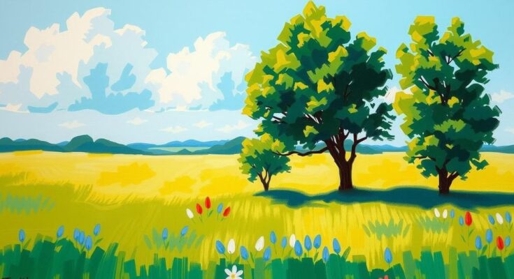 Una scena serena di un campo verde con alberi e cielo blu per rappresentare la calma e la riflessione