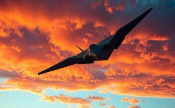 B-2 stealth bomber flying over a dramatic sunset sky with vibrant colors and powerful clouds