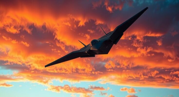 B-2 stealth bomber flying over a dramatic sunset sky with vibrant colors and powerful clouds