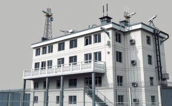 A grey-scale image of a security agency building surrounded by surveillance equipment, depicting vigilance against threats.
