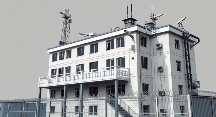 A grey-scale image of a security agency building surrounded by surveillance equipment, depicting vigilance against threats.