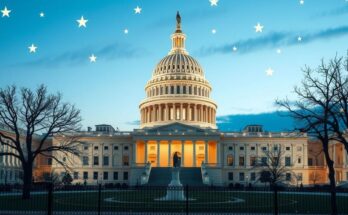 O imagine simbolica a Capitoliului din Washington, cu lumini de iarnă și stele, reprezentând tranziția democratică.
