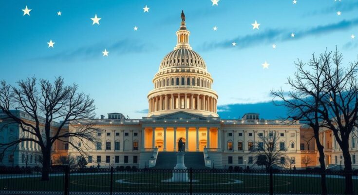 O imagine simbolica a Capitoliului din Washington, cu lumini de iarnă și stele, reprezentând tranziția democratică.