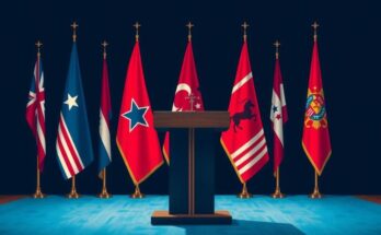 Military briefing scene with flags, podium, and symbols of military strength and unity, using bold colours and a formal style.