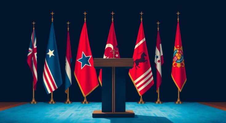 Military briefing scene with flags, podium, and symbols of military strength and unity, using bold colours and a formal style.