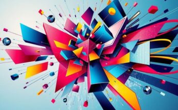 Rappresentazione astratta di dinamiche mediatiche con colori vivaci e forme geometriche, stile contemporaneo.
