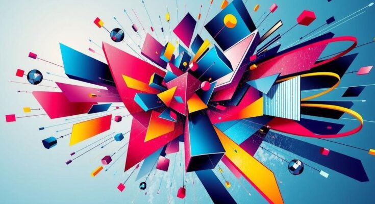 Rappresentazione astratta di dinamiche mediatiche con colori vivaci e forme geometriche, stile contemporaneo.