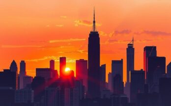 A diverse New York City skyline at sunset, showcasing urban life and modern architecture.