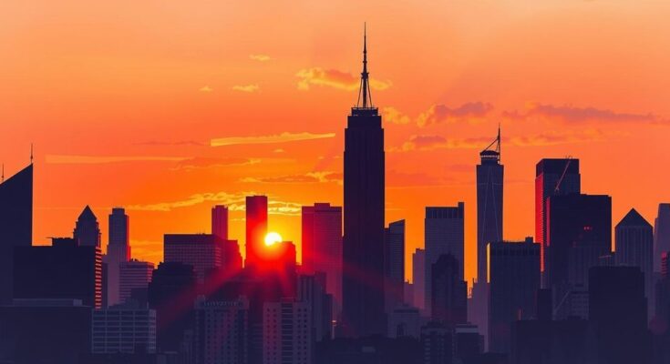 A diverse New York City skyline at sunset, showcasing urban life and modern architecture.