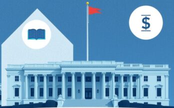 A stylised government building and cut funding symbols, showcasing budget reform debates in an abstract artistic style.