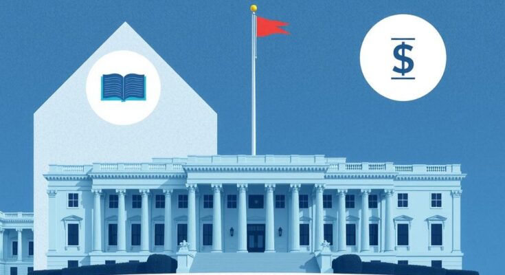 A stylised government building and cut funding symbols, showcasing budget reform debates in an abstract artistic style.