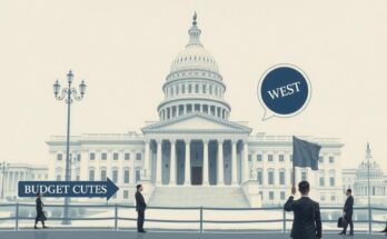 A conceptual artwork depicting legislative discussion, with symbolic elements of budget cuts and government programs.