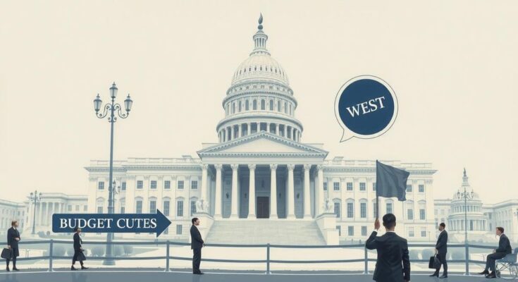 A conceptual artwork depicting legislative discussion, with symbolic elements of budget cuts and government programs.