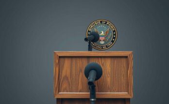 A military emblem and a microphone on a podium, representing political discourse on military action and media relations.
