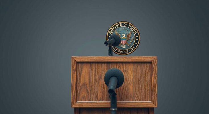 A military emblem and a microphone on a podium, representing political discourse on military action and media relations.