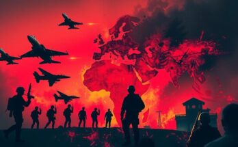 Ilustrasi konflik internasional dengan elemen tentara, pesawat tempur, dan pemandangan kota berapi.