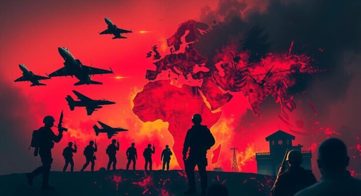 Ilustrasi konflik internasional dengan elemen tentara, pesawat tempur, dan pemandangan kota berapi.