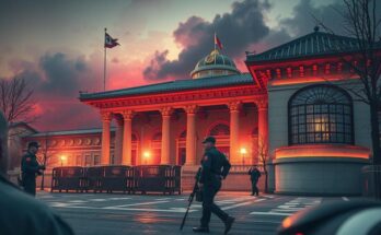 Gambar situasi politik di Korea Selatan, dengan gedung parlemen dijaga ketat dan protes publik di luar.