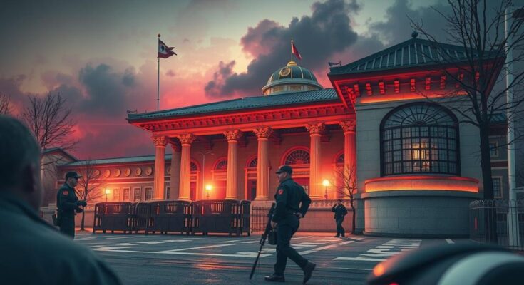Gambar situasi politik di Korea Selatan, dengan gedung parlemen dijaga ketat dan protes publik di luar.