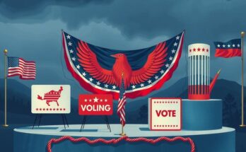 O scenă politică simbolizând alegerile americane, cu un peisaj de scrutin și simboluri ale partidelor.