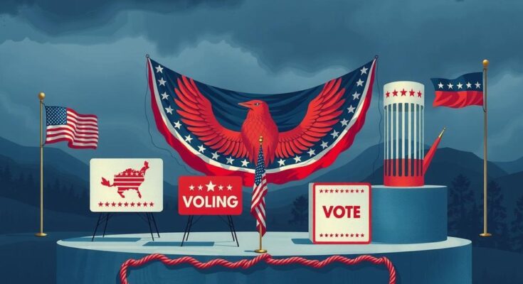 O scenă politică simbolizând alegerile americane, cu un peisaj de scrutin și simboluri ale partidelor.