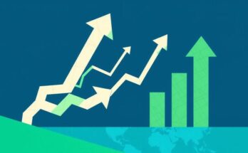 Abstract representation of economic tension with arrows indicating market changes amidst a blue and green palette.