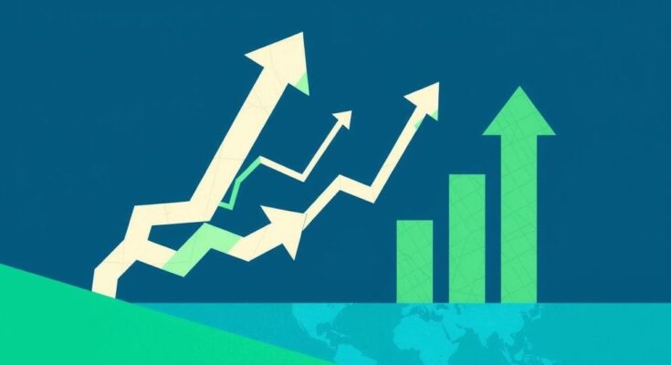 Abstract representation of economic tension with arrows indicating market changes amidst a blue and green palette.
