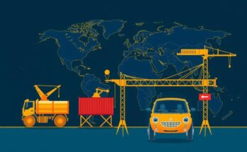 Stilizzati sfondi che simboleggiano il commercio globale, con grafica di merci e barriere commerciali.