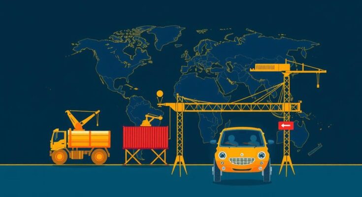Stilizzati sfondi che simboleggiano il commercio globale, con grafica di merci e barriere commerciali.