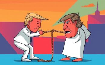 A political cartoon depicting a tug of war between opposing political ideologies.