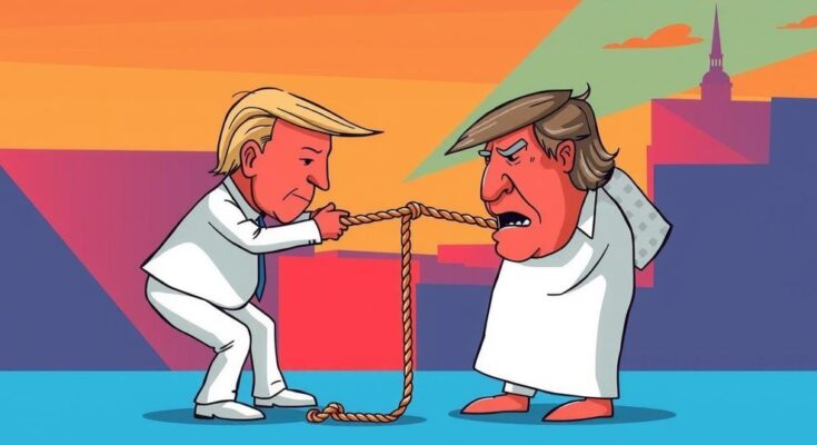 A political cartoon depicting a tug of war between opposing political ideologies.