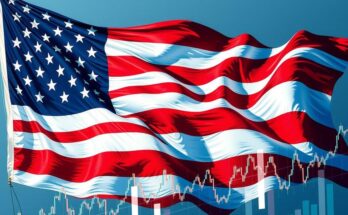 Ilustrasi bendera Amerika dengan grafik saham yang naik dan turun, merepresentasikan dinamika ekonomi dan perdagangan