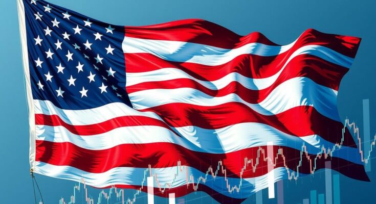 Ilustrasi bendera Amerika dengan grafik saham yang naik dan turun, merepresentasikan dinamika ekonomi dan perdagangan