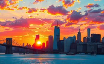 A vibrant New York City skyline at sunset, symbolising hope and change in politics.