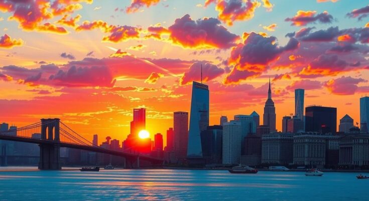 A vibrant New York City skyline at sunset, symbolising hope and change in politics.