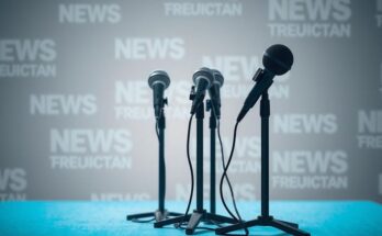 A symbolic representation of tense political debate featuring microphones and blurred news headlines in a serious tone.