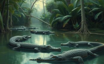 Vue d'un marais tropical avec des alligators, représentant un centre de détention pour migrants en Floride.